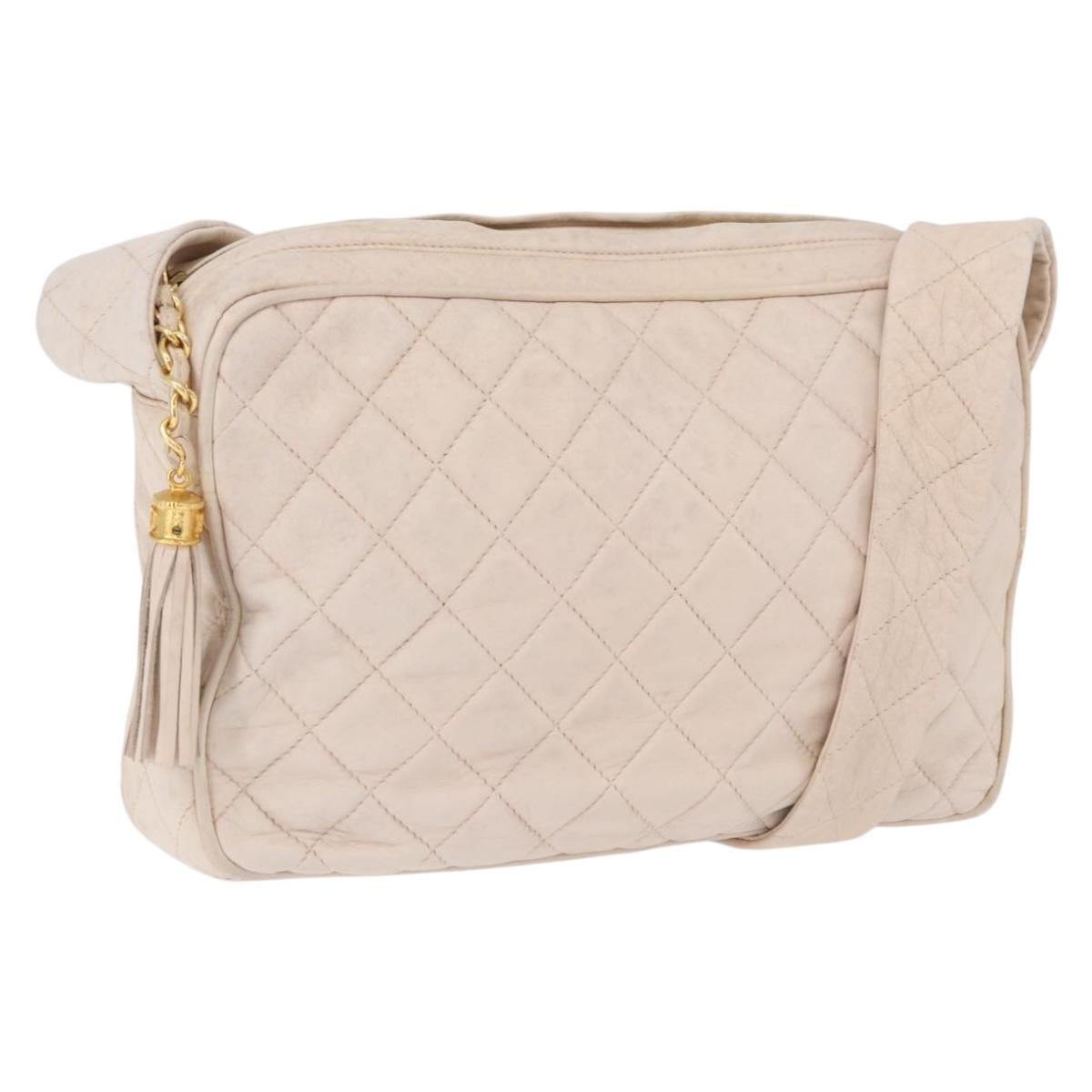 CHANEL Matelasse Shoulder Bag Lamb Skin White Gold CC Auth BA14472