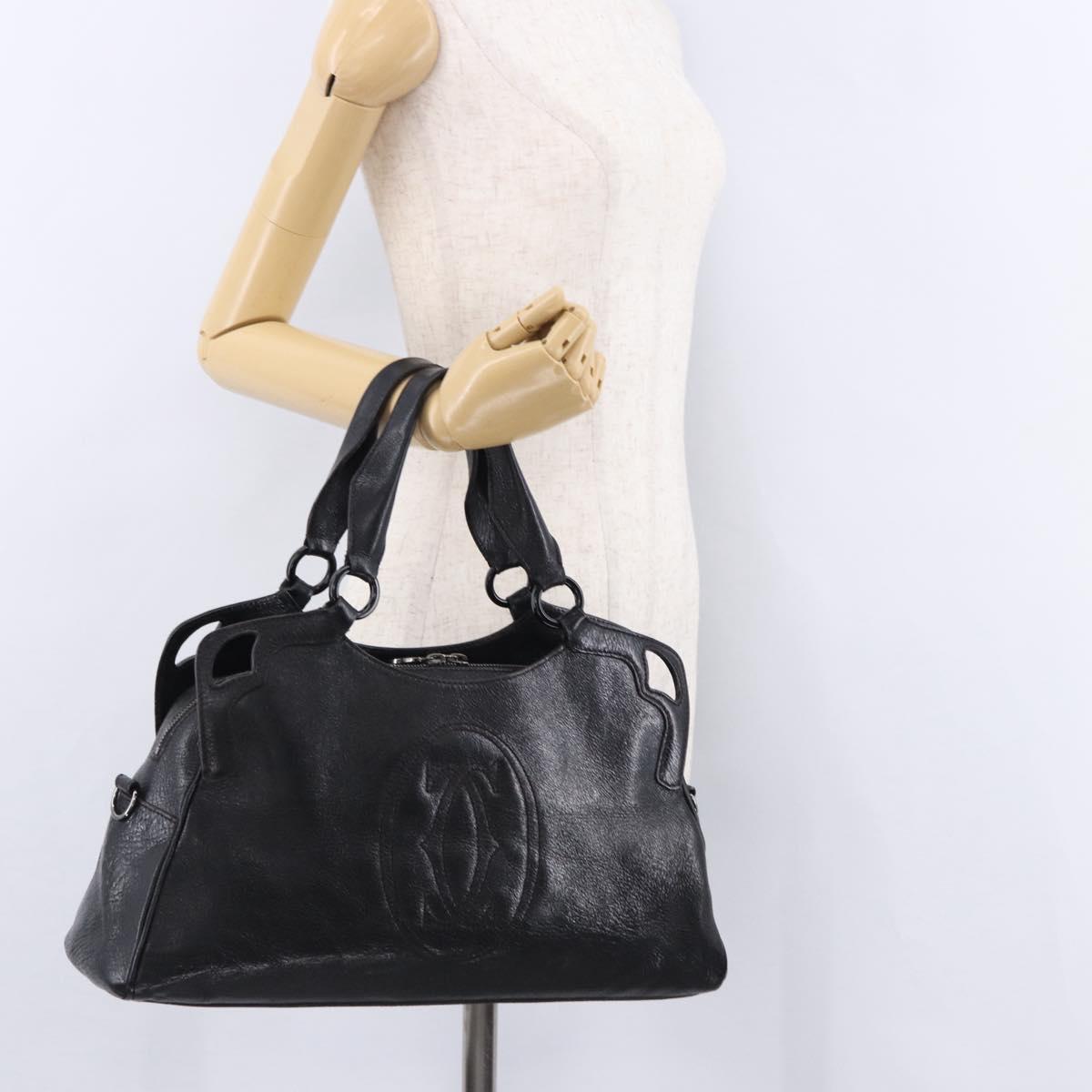 CARTIER Hand Bag Leather Black Silver Auth BA14473