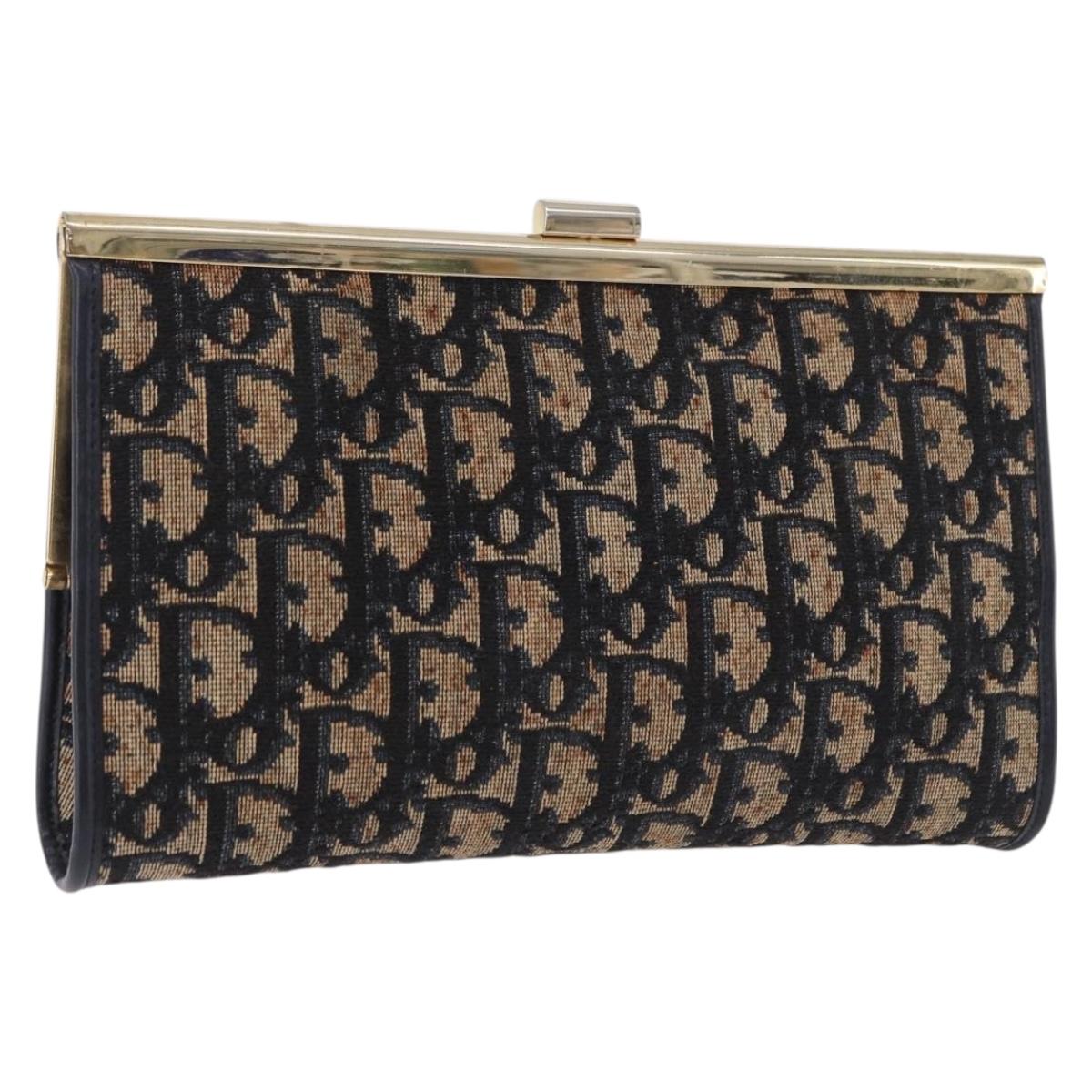 Christian Dior Trotter Canvas Clutch Bag Navy Gold Auth BA14475