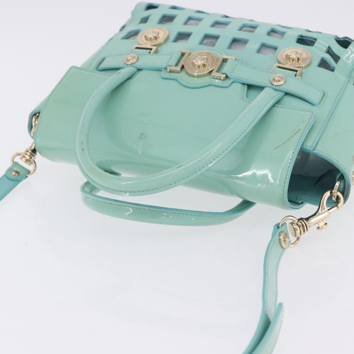 VERSACE Hand Bag Patent leather 2way Green Gold Auth BA14483