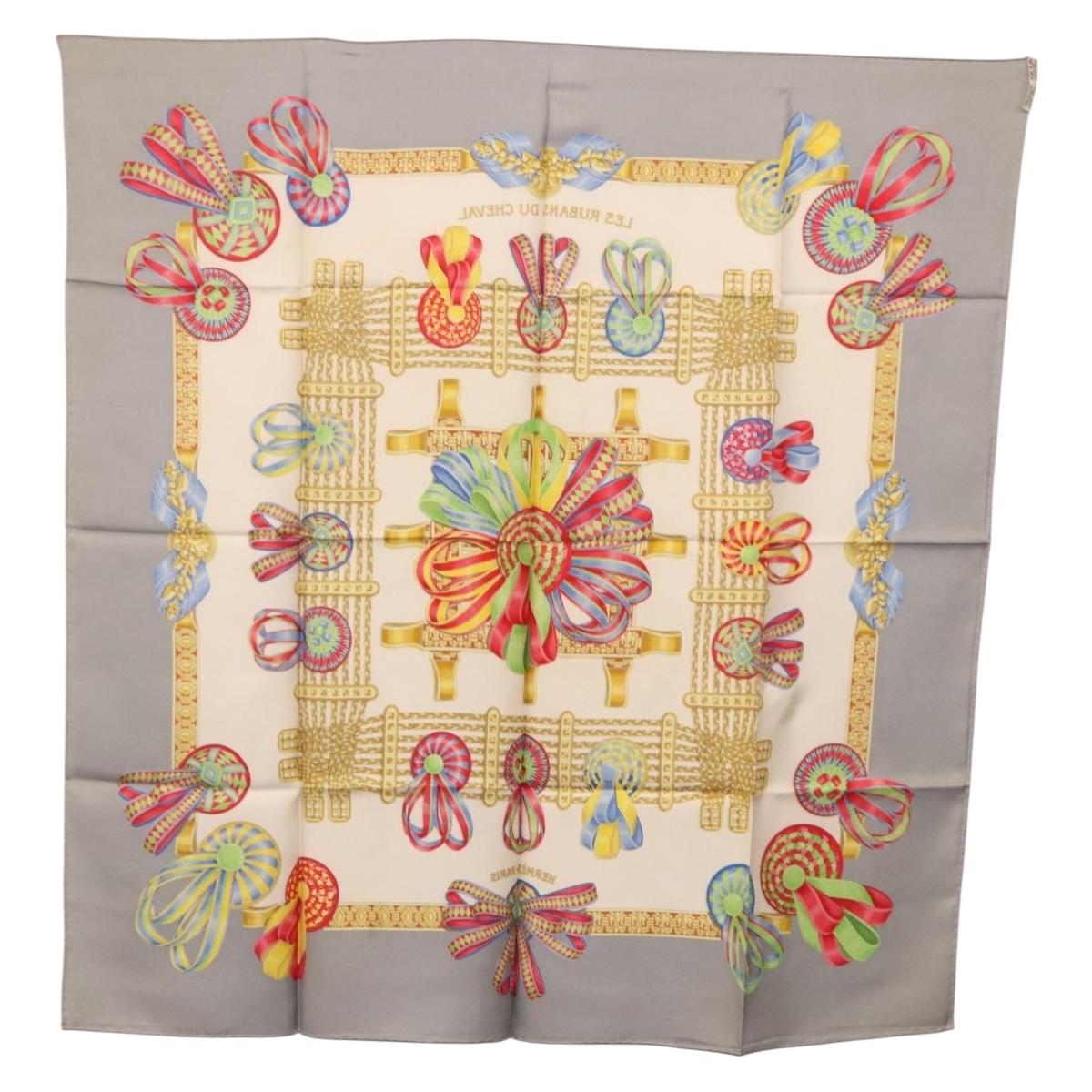HERMES Carre 90 Scarf ”LES RUBANS DU CHEVAL” Silk Gray Auth BA14492