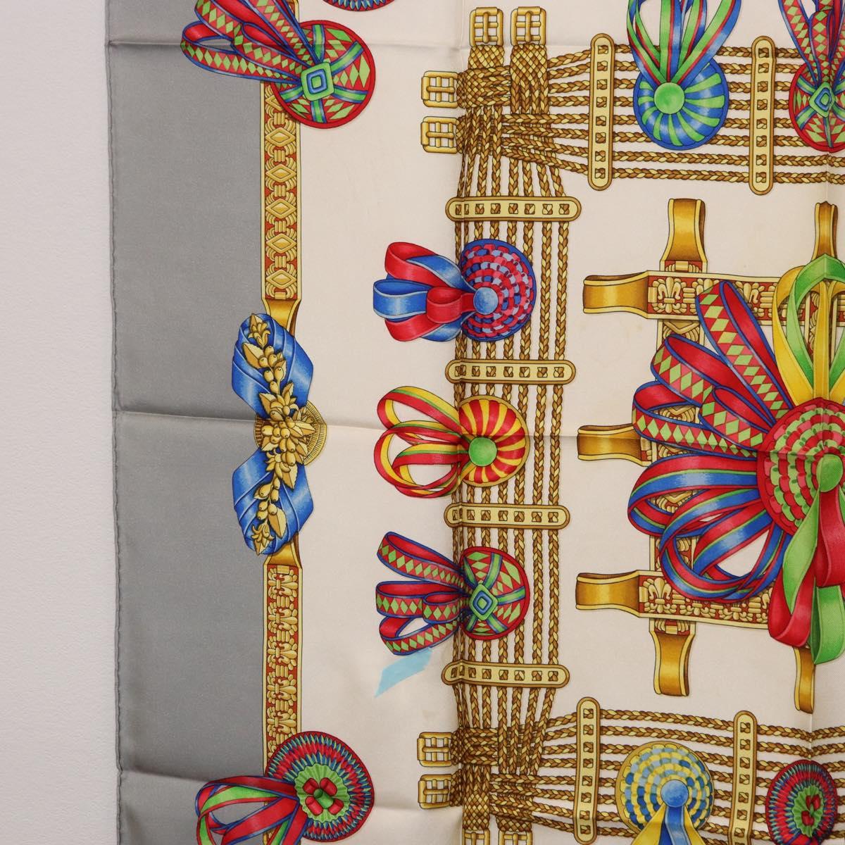 HERMES Carre 90 Scarf ”LES RUBANS DU CHEVAL” Silk Gray Auth BA14492