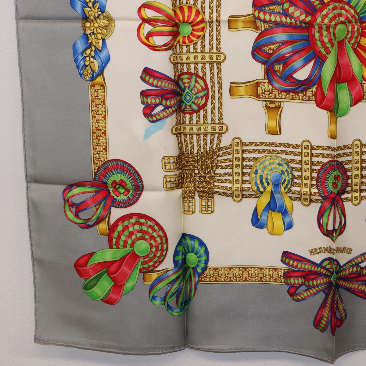 HERMES Carre 90 Scarf ”LES RUBANS DU CHEVAL” Silk Gray Auth BA14492