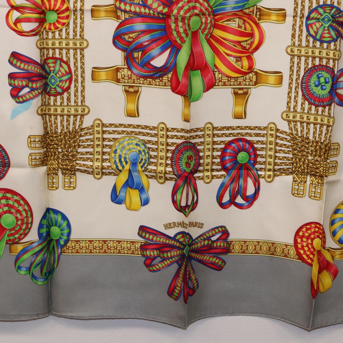 HERMES Carre 90 Scarf ”LES RUBANS DU CHEVAL” Silk Gray Auth BA14492
