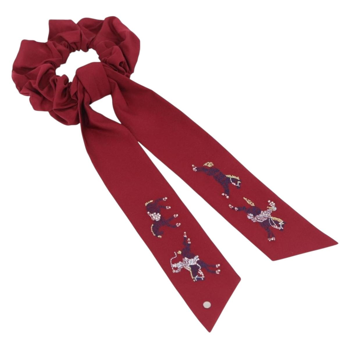 HERMES Shush Hair Tie Silk Knight's Constellation Bordeaux Auth BA14501M