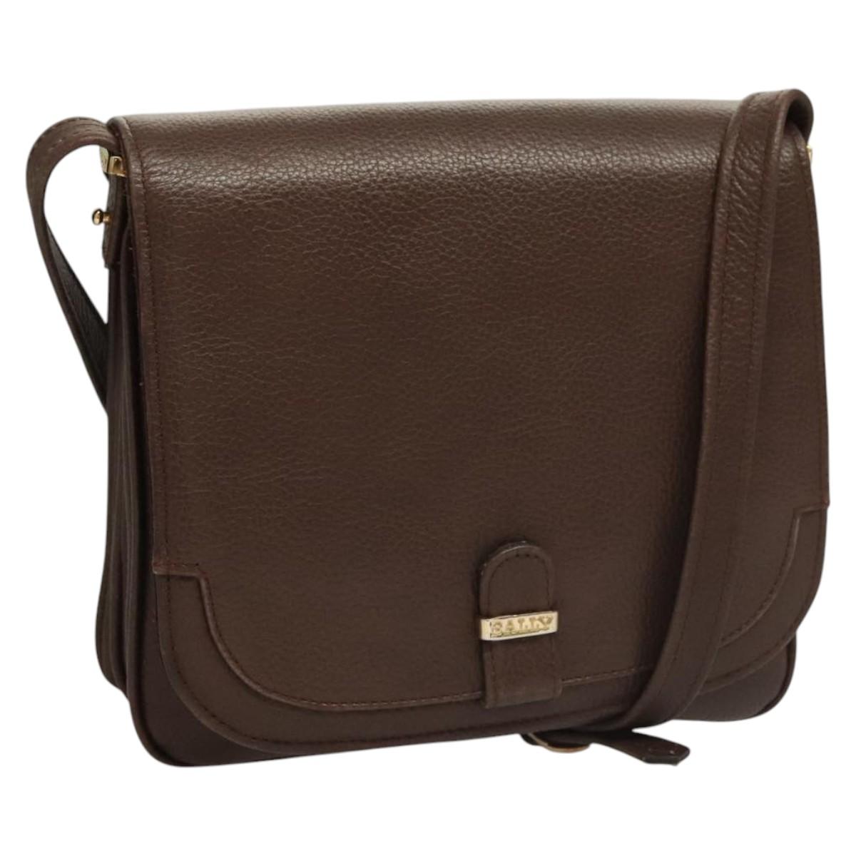 BALLY Shoulder Bag Leather Dark Brown Gold Auth BA1451