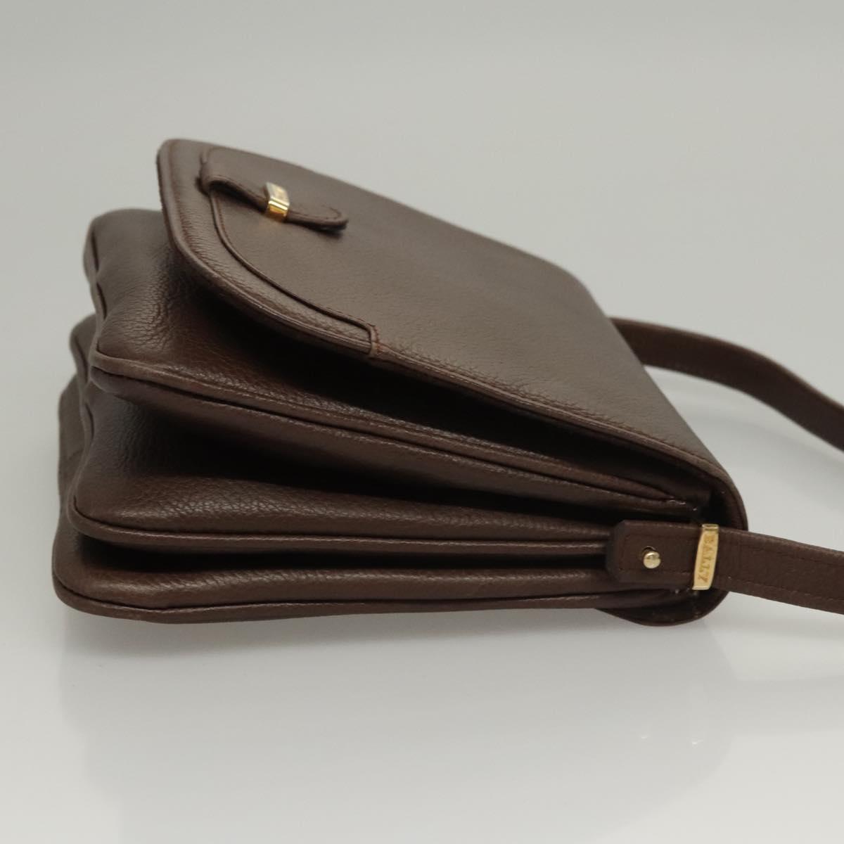 BALLY Shoulder Bag Leather Dark Brown Gold Auth BA1451