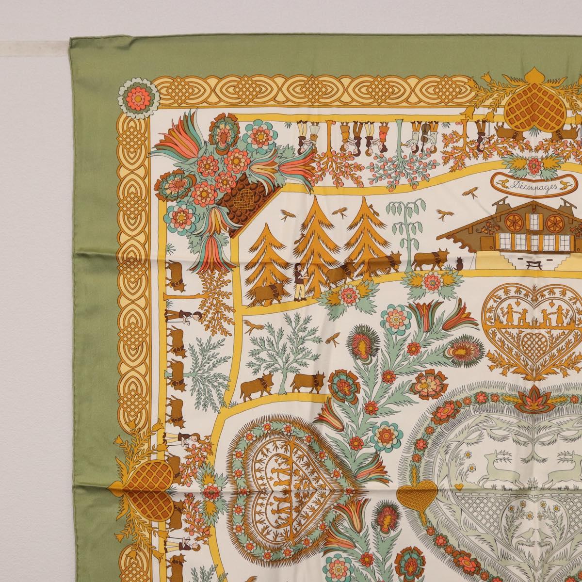 HERMES Carre 90 Scarf ”Decoupages” Silk LIme Green Auth BA14514M