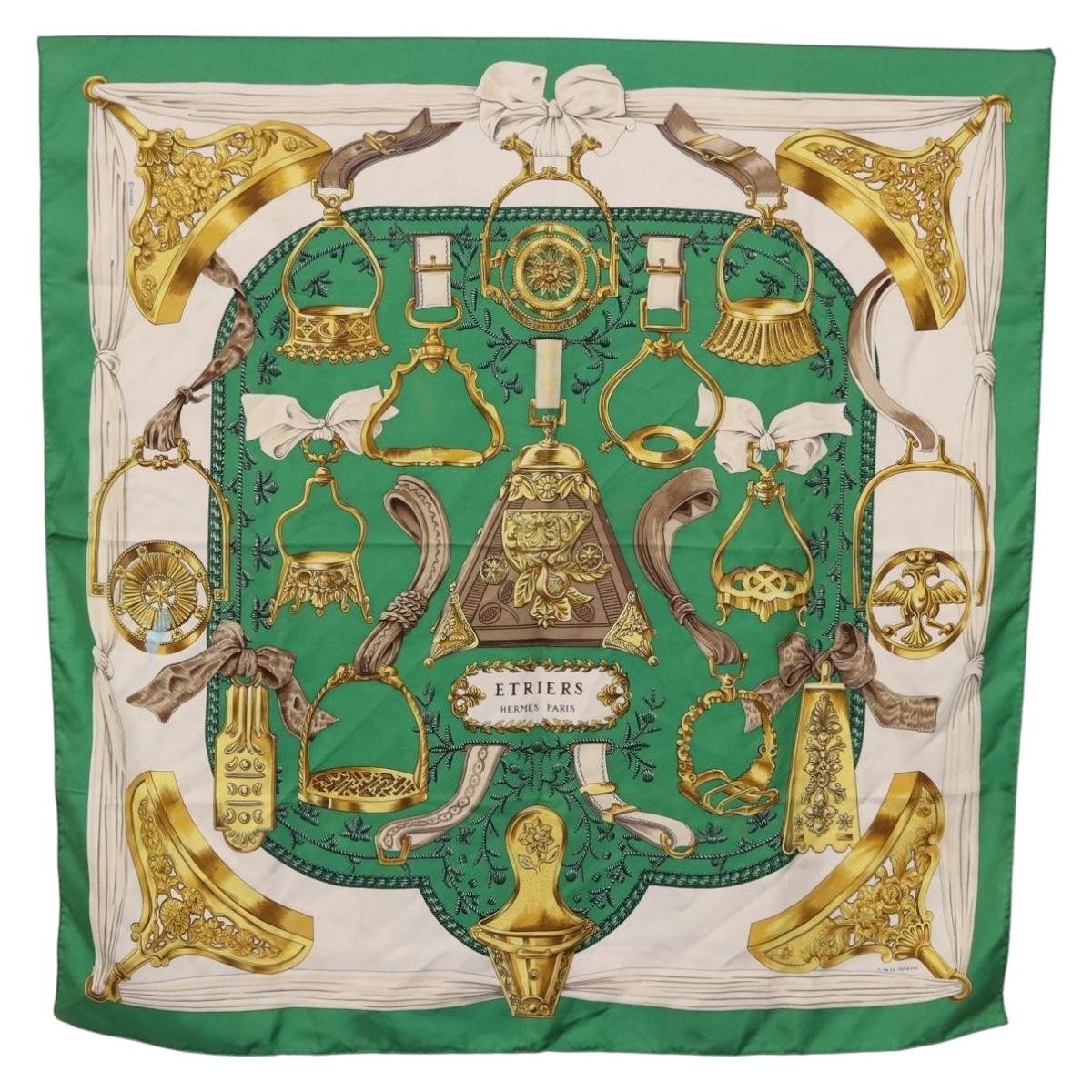 HERMES Carre 90 Scarf ”ETRIERS” Silk Green Auth BA14516