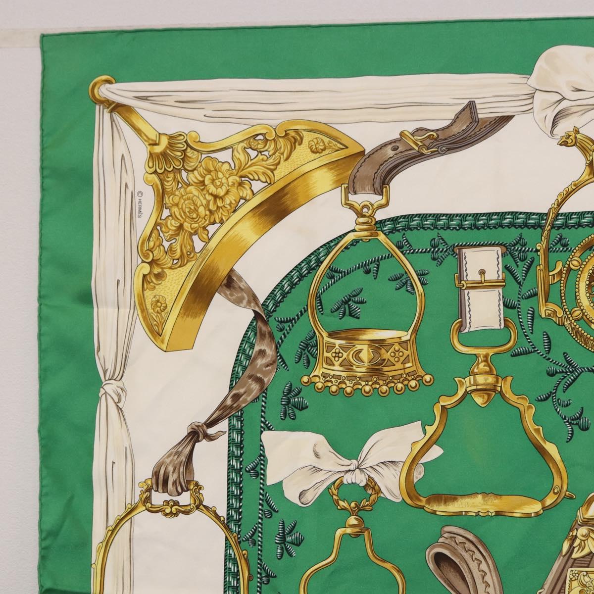 HERMES Carre 90 Scarf ”ETRIERS” Silk Green Auth BA14516
