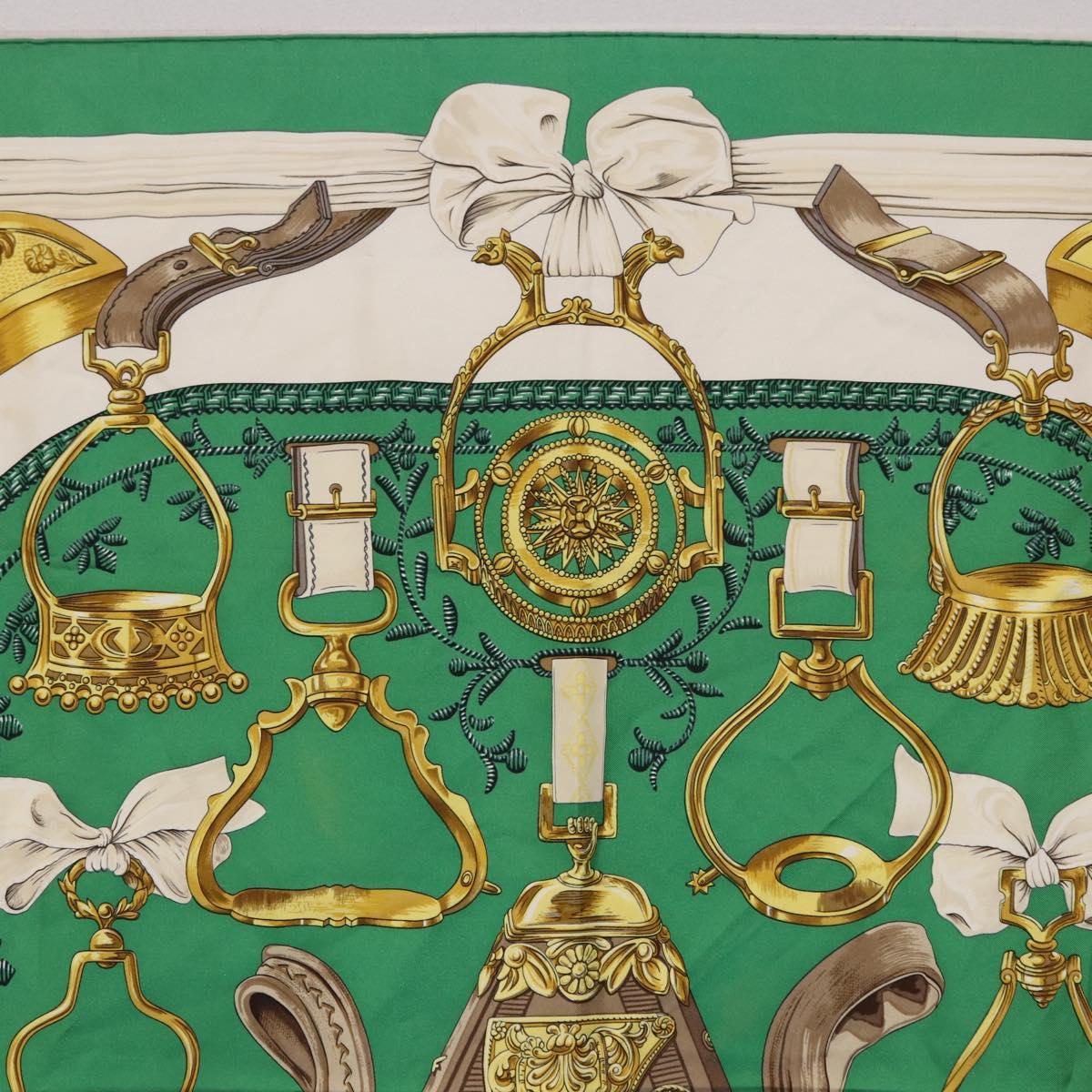 HERMES Carre 90 Scarf ”ETRIERS” Silk Green Auth BA14516
