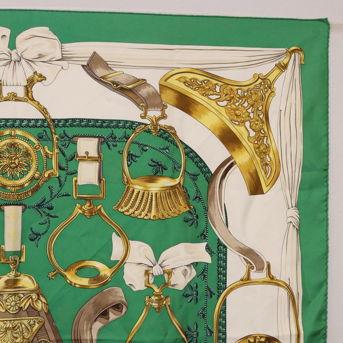 HERMES Carre 90 Scarf ”ETRIERS” Silk Green Auth BA14516