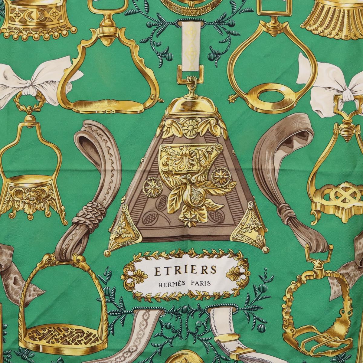 HERMES Carre 90 Scarf ”ETRIERS” Silk Green Auth BA14516