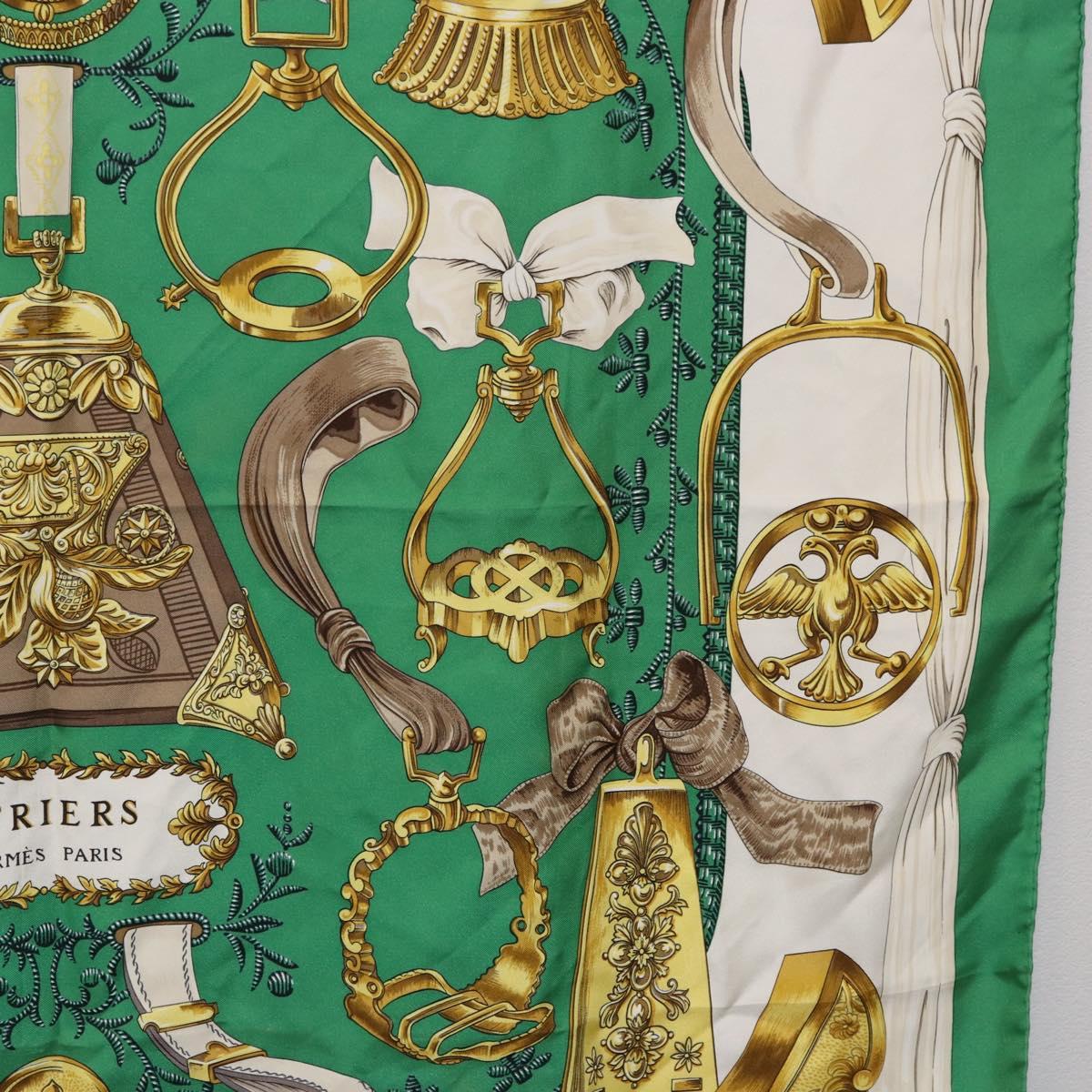 HERMES Carre 90 Scarf ”ETRIERS” Silk Green Auth BA14516