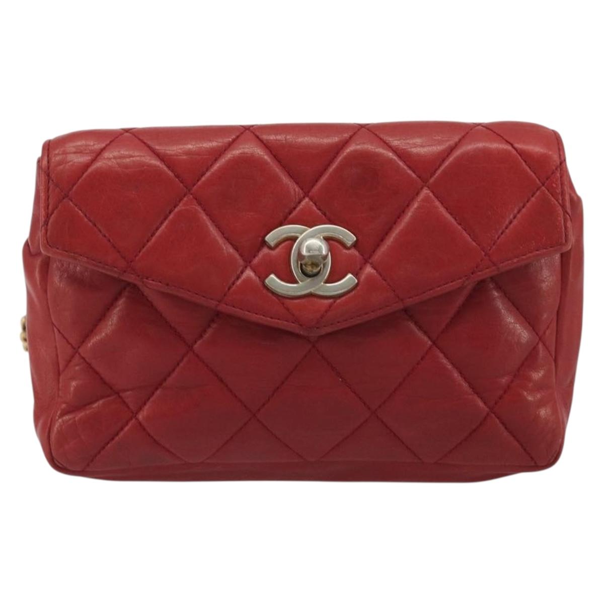 CHANEL Matelasse Waist Bag Lamb Skin Red Gold Tone CC Auth BA14558