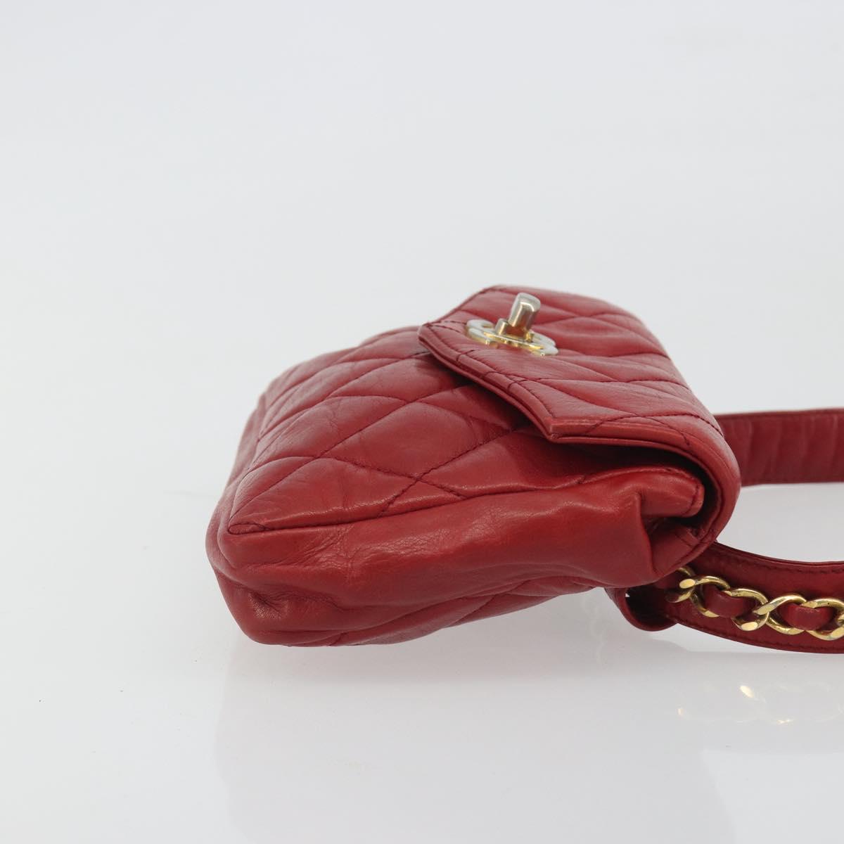 CHANEL Matelasse Waist Bag Lamb Skin Red Gold Tone CC Auth BA14558