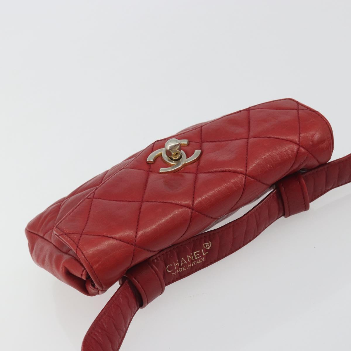 CHANEL Matelasse Waist Bag Lamb Skin Red Gold Tone CC Auth BA14558