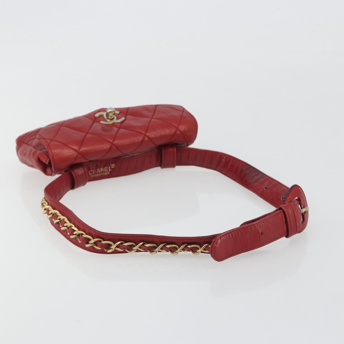 CHANEL Matelasse Waist Bag Lamb Skin Red Gold Tone CC Auth BA14558