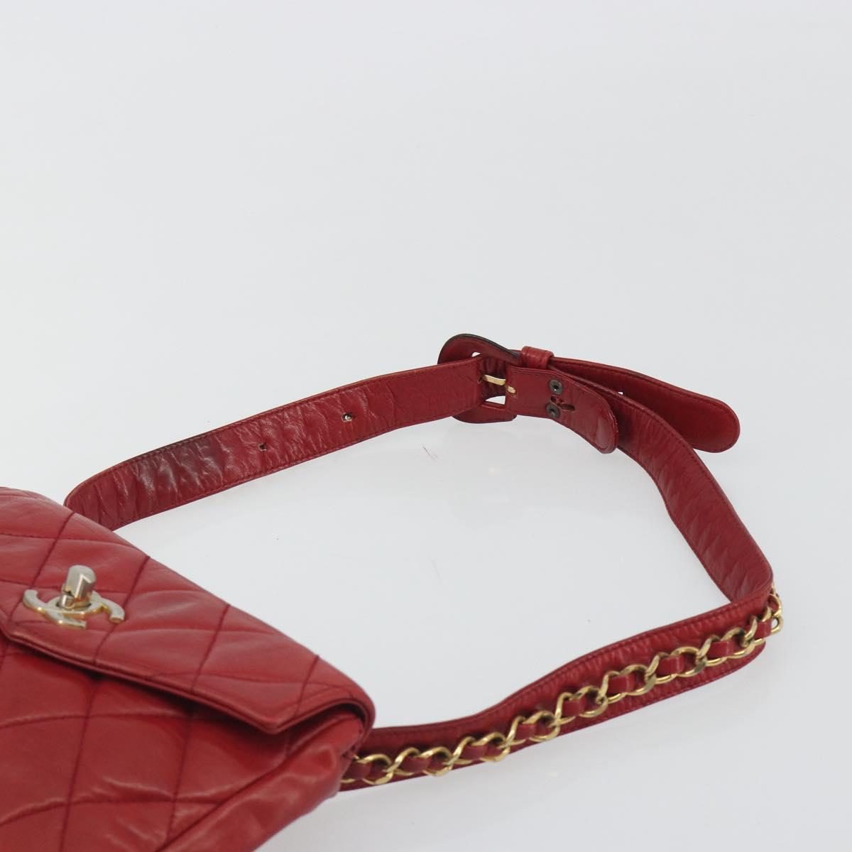 CHANEL Matelasse Waist Bag Lamb Skin Red Gold Tone CC Auth BA14558