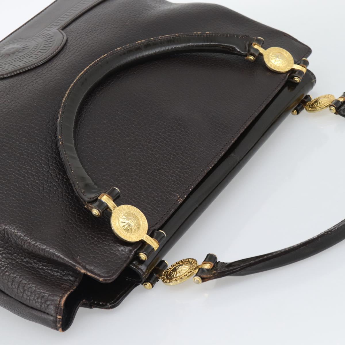 VERSACE Hand Bag Leather Brown Gold Tone Auth BA14561