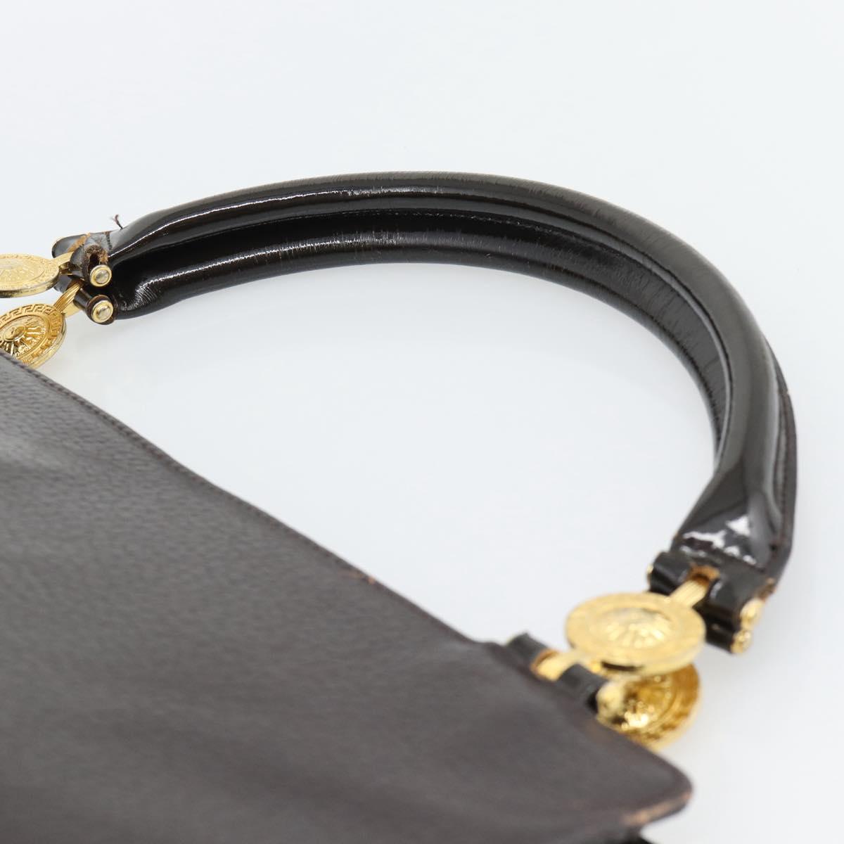 VERSACE Hand Bag Leather Brown Gold Tone Auth BA14561