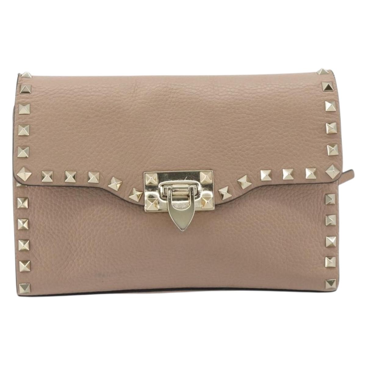VALENTINO Studs Shoulder Bag Leather Pink Gold Tone Auth BA14563