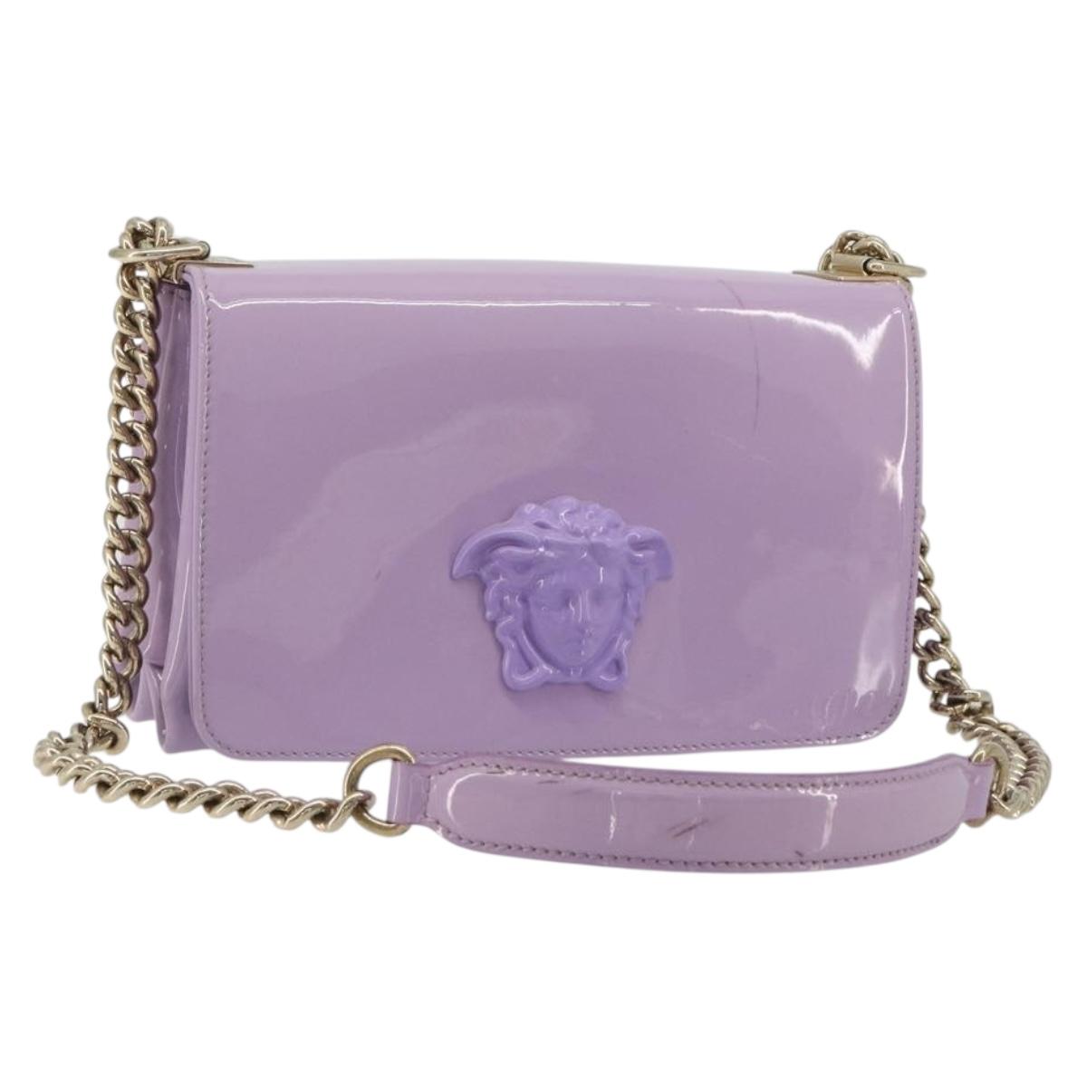 VERSACE Medusa Chain Shoulder Bag Patent Purple Gold Tone Auth BA14565A