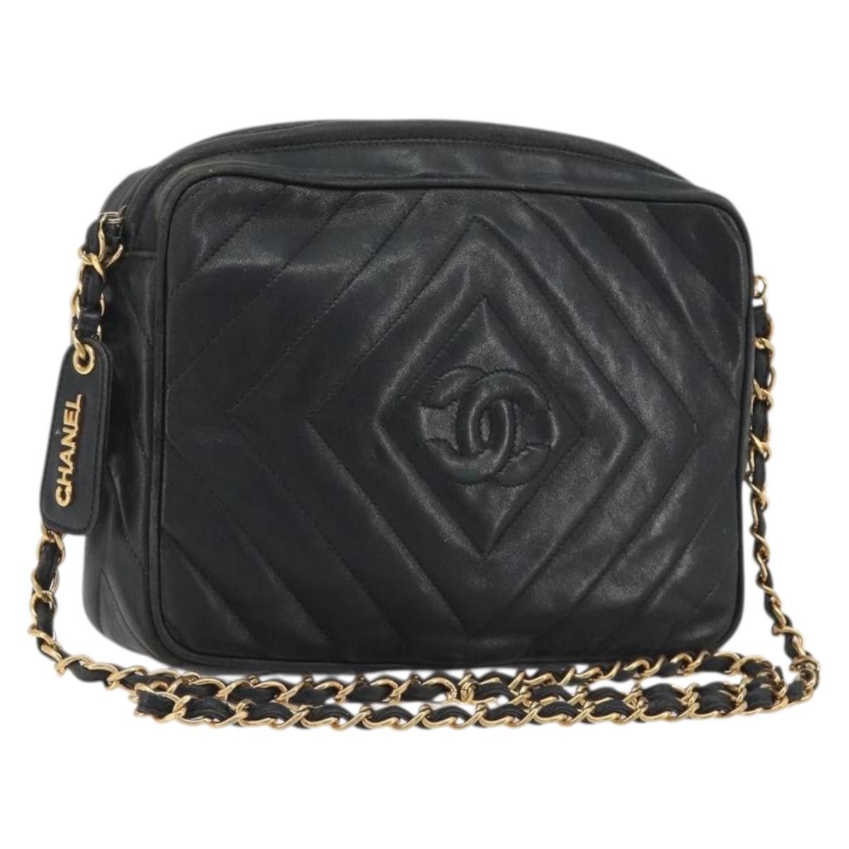 CHANEL Diamond Stitch Chain Shoulder Bag Lamb Skin Black Gold CC Auth BA14566