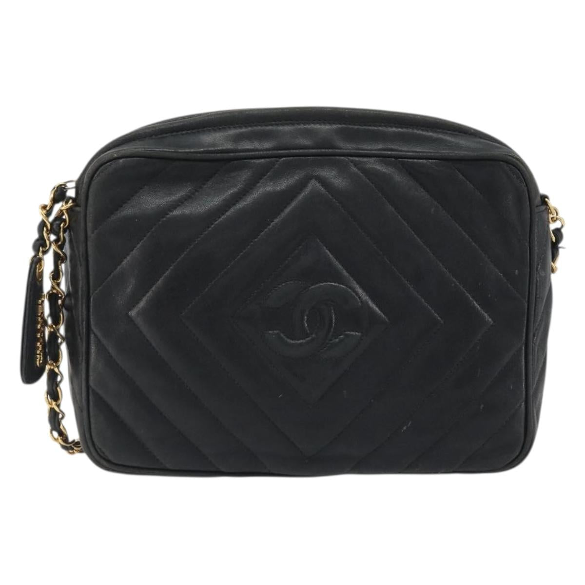 CHANEL Diamond Stitch Chain Shoulder Bag Lamb Skin Black Gold CC Auth BA14566
