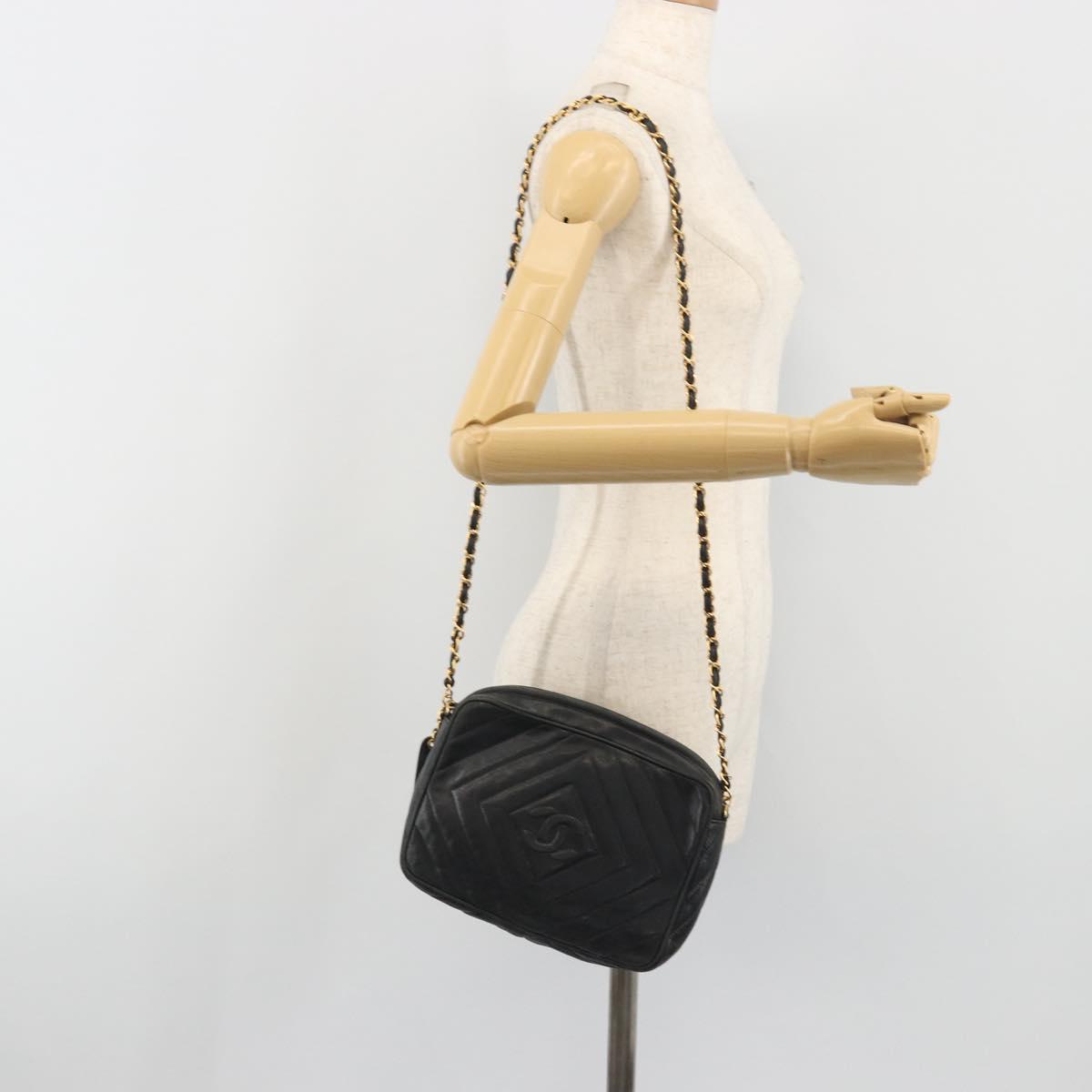 CHANEL Diamond Stitch Chain Shoulder Bag Lamb Skin Black Gold CC Auth BA14566