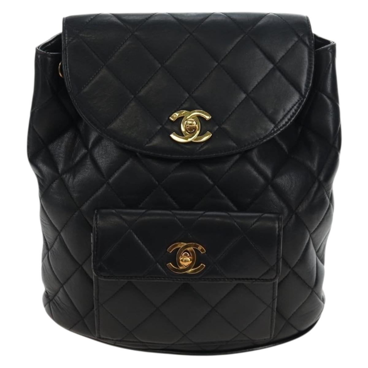 CHANEL Matelasse Chain Backpack Lamb Skin Black Gold Tone CC Auth BA14567M