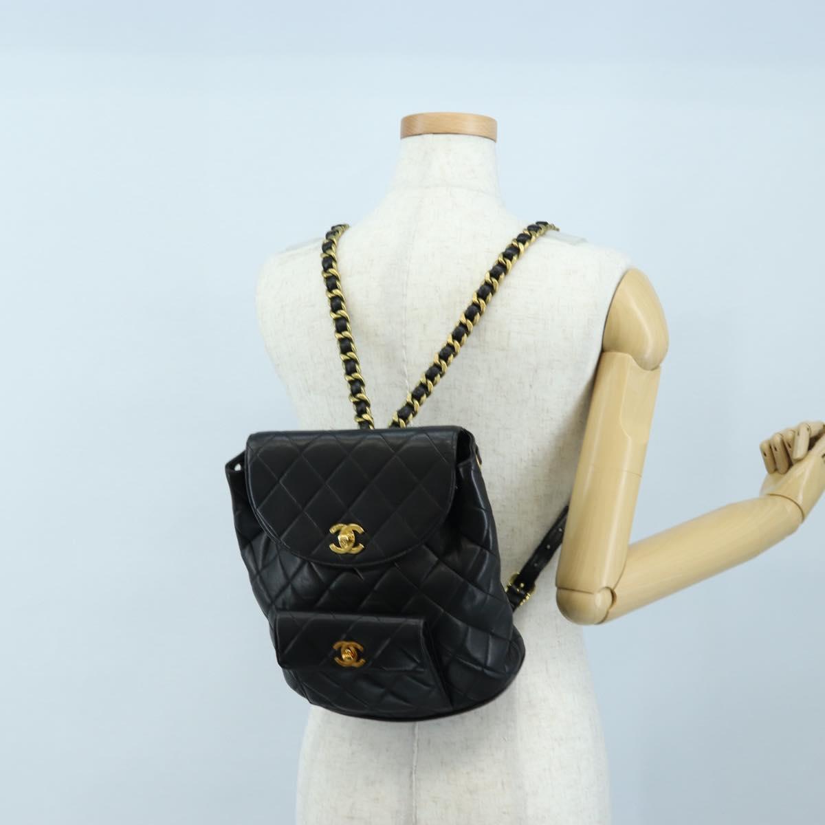CHANEL Matelasse Chain Backpack Lamb Skin Black Gold Tone CC Auth BA14567M