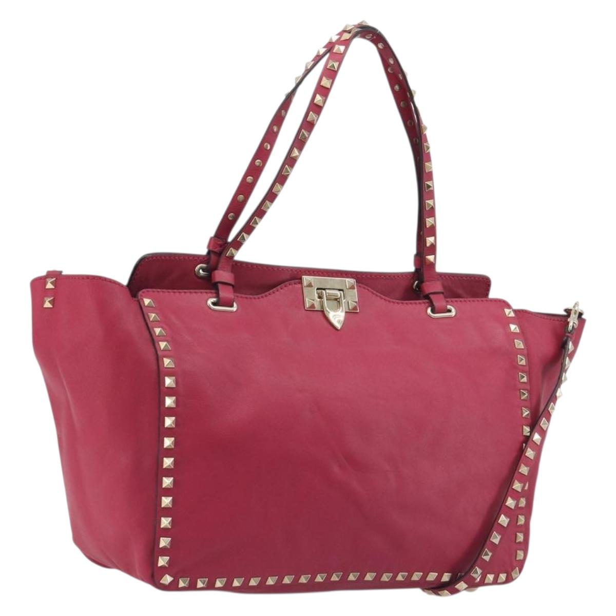 VALENTINO Studs Tote Bag Leather 2way Pink Gold Tone Auth BA14571