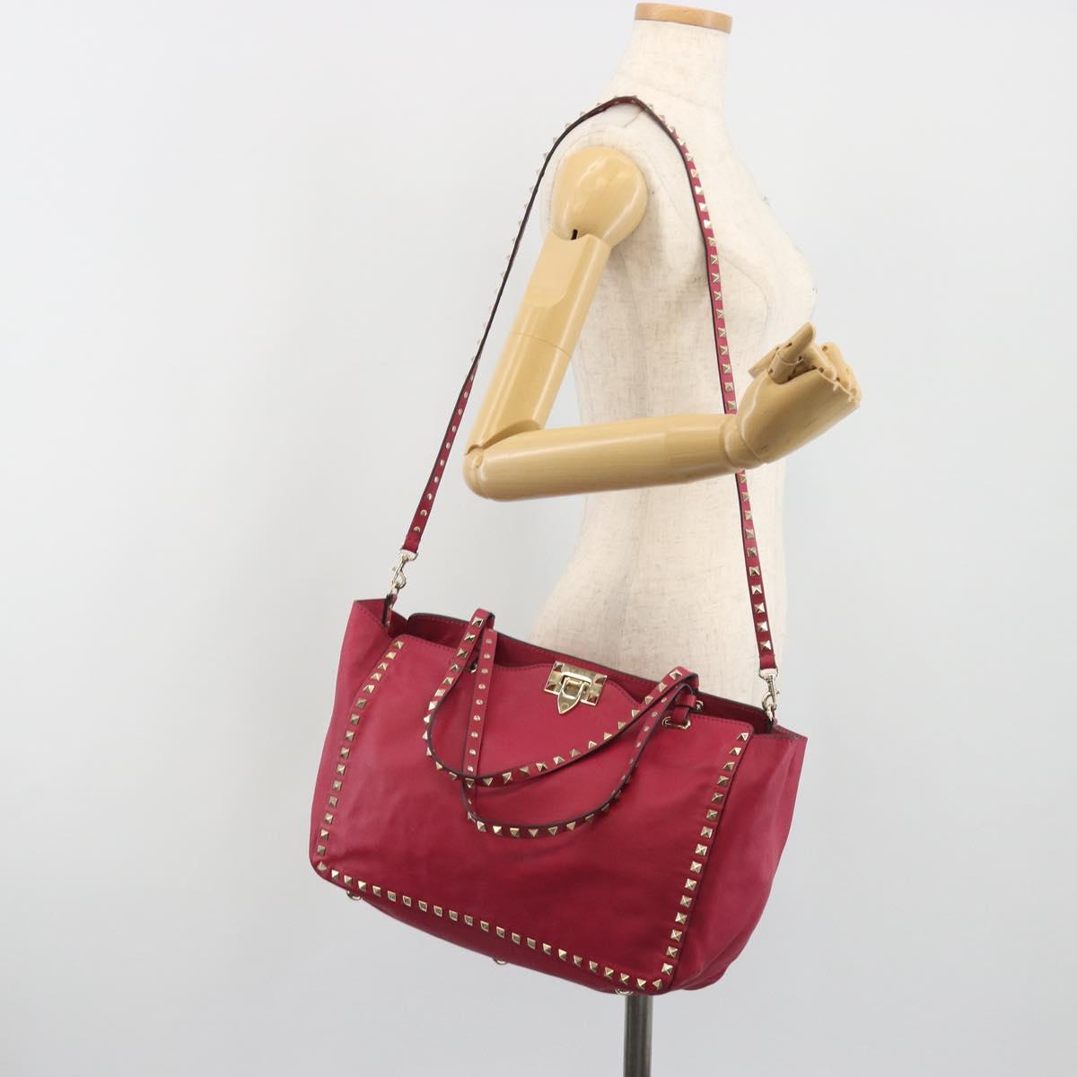 VALENTINO Studs Tote Bag Leather 2way Pink Gold Tone Auth BA14571