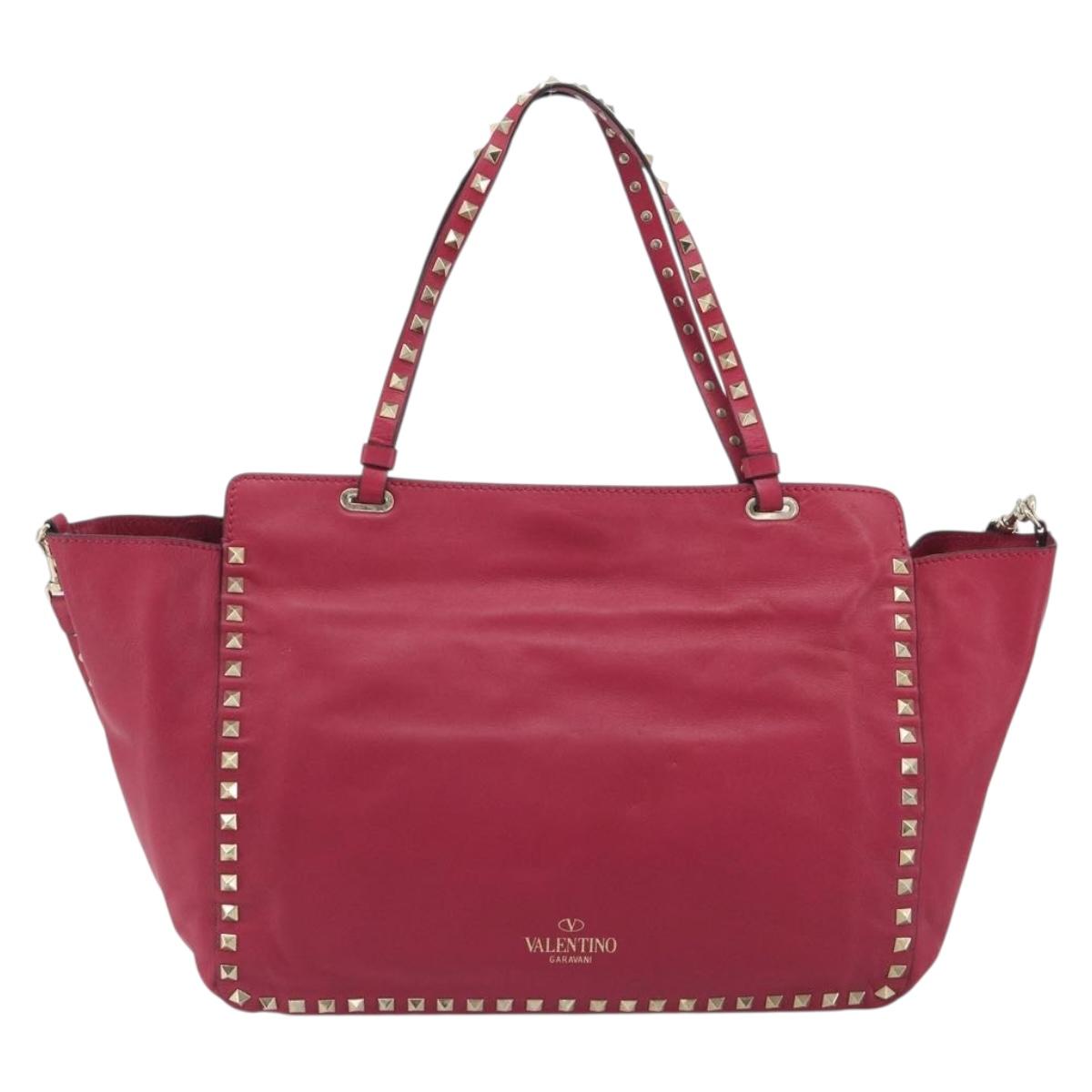 VALENTINO Studs Tote Bag Leather 2way Pink Gold Tone Auth BA14571