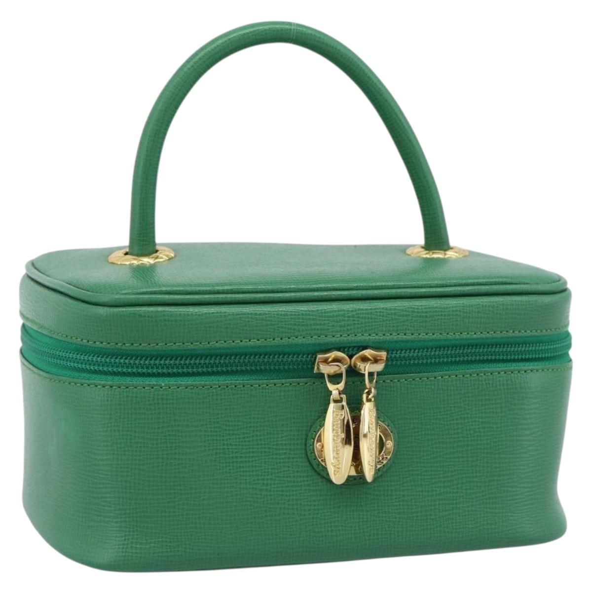 Burberrys Vanity Bag Cosmetic Pouch Leather Green Gold Tone Auth BA14572A