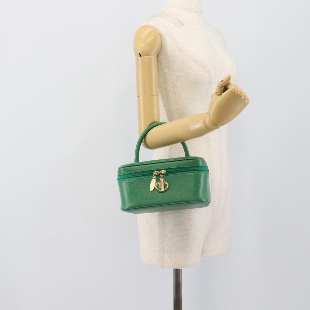 Burberrys Vanity Bag Cosmetic Pouch Leather Green Gold Tone Auth BA14572A