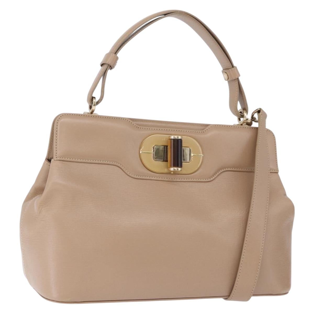 BVLGARI Hand Bag Leather 2way Beige Gold Tone Auth BA14579A