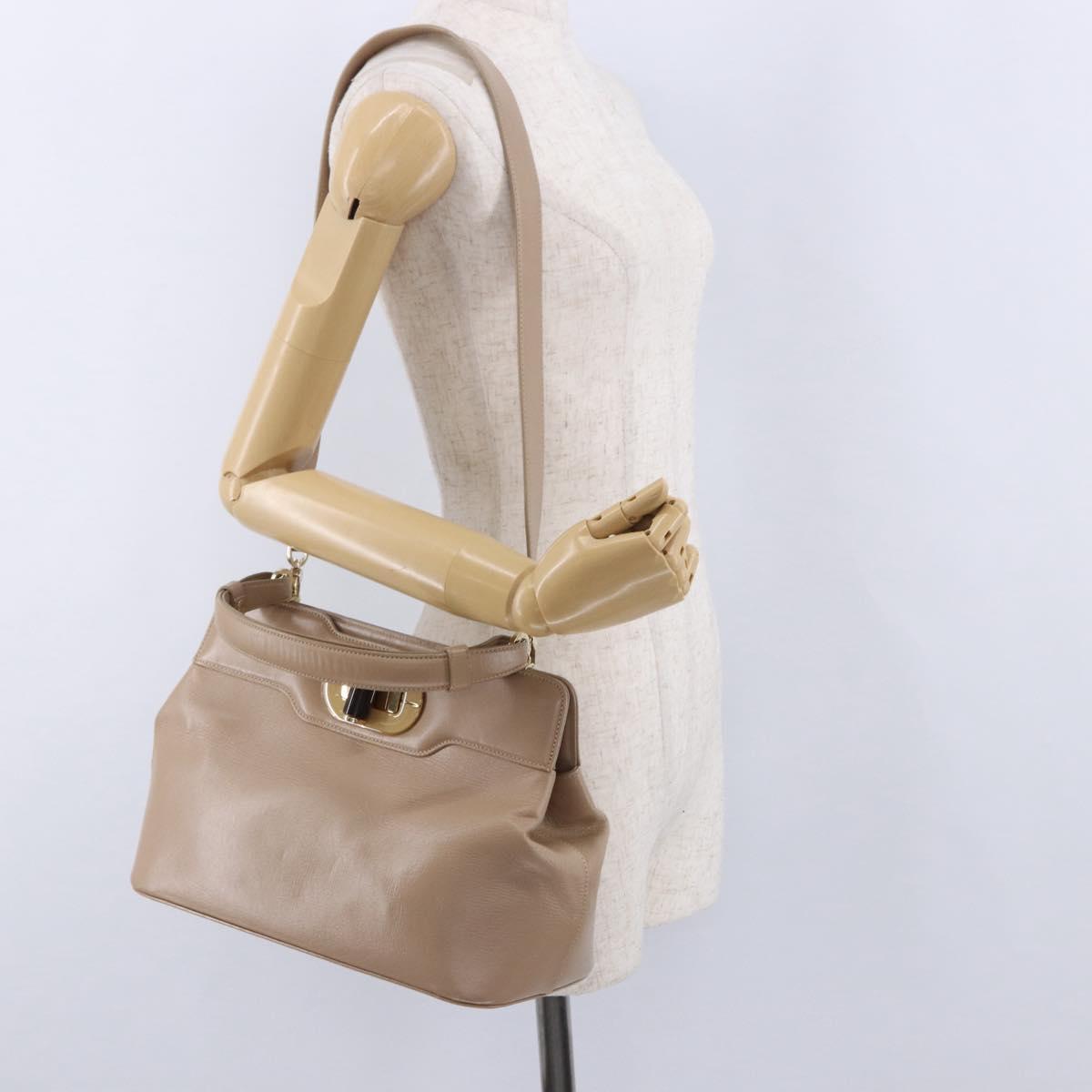 BVLGARI Hand Bag Leather 2way Beige Gold Tone Auth BA14579A