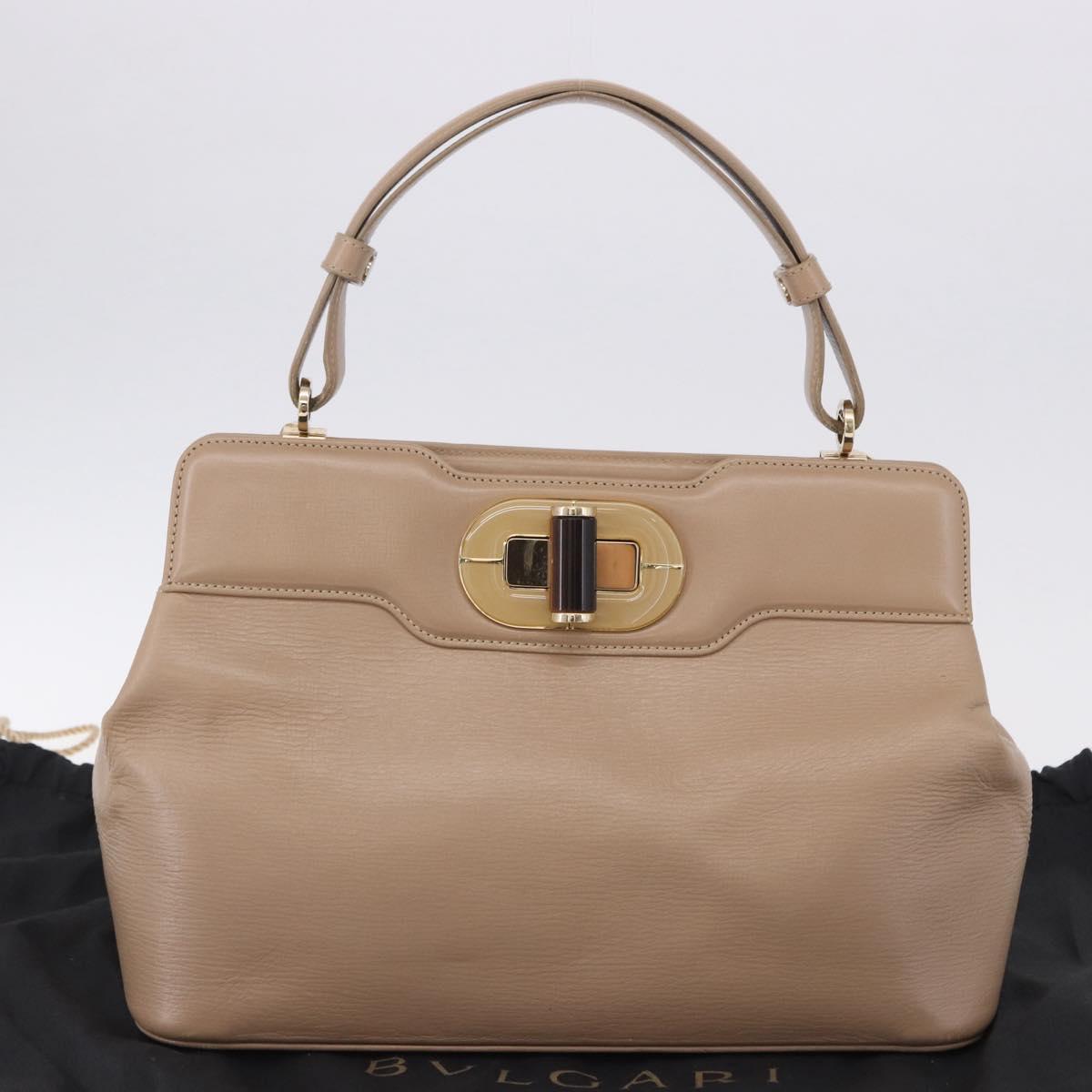 BVLGARI Hand Bag Leather 2way Beige Gold Tone Auth BA14579A