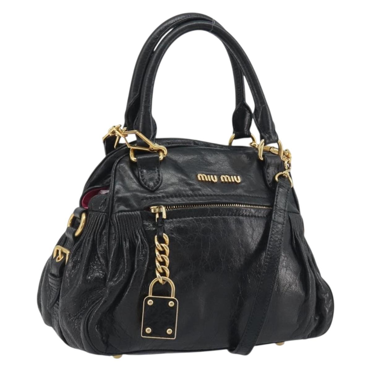 Miu Miu Hand Bag Leather 2way Black Gold Tone Auth BA14580V