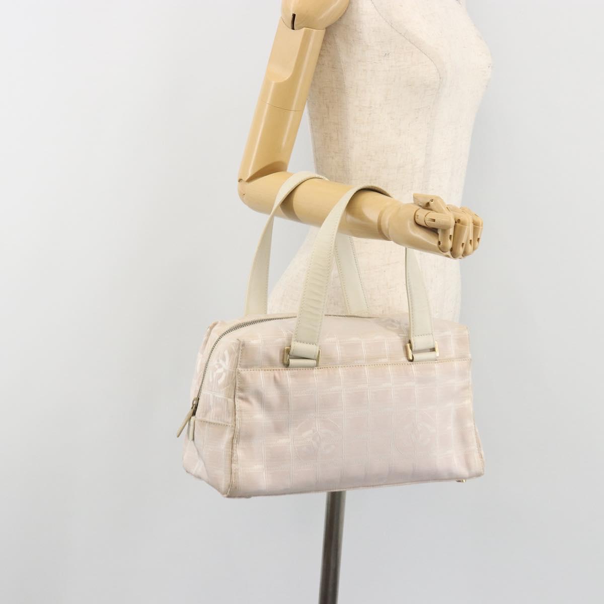 CHANEL New Travel Line Hand Bag Canvas Pink Gold Tone CC Auth BA14582A