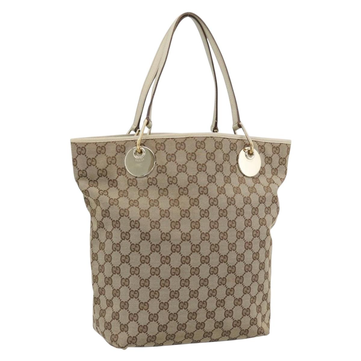 GUCCI GG Canvas Tote Bag Beige Gold Tone 120836 Auth BA14589