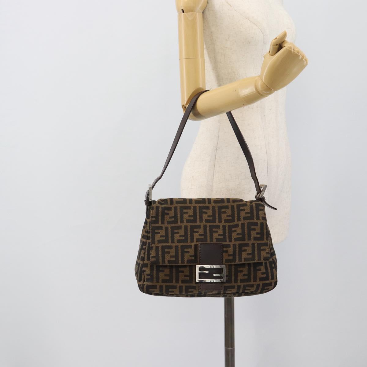 FENDI Zucca Canvas Mamma Baguette Shoulder Bag Brown Silver Auth BA14590V