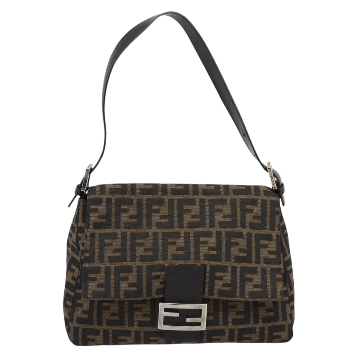 FENDI Zucca Canvas Mamma Baguette Shoulder Bag Brown Silver Auth BA14593V
