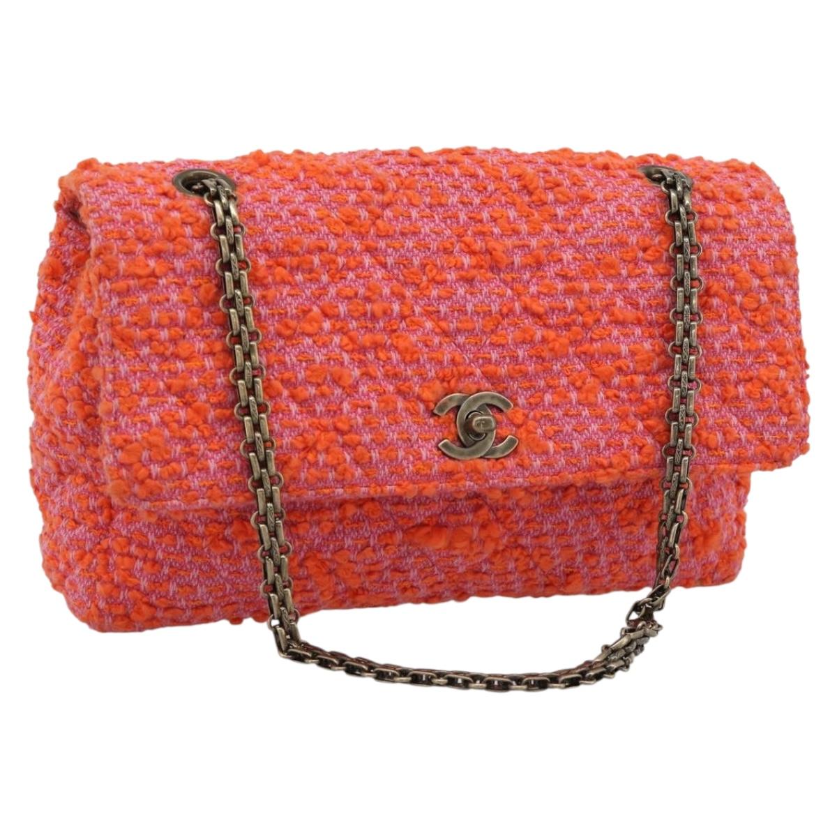 CHANEL Matelasse 25 Chain Shoulder Bag Tweed Orange Gold Tone CC Auth BA14597SAM