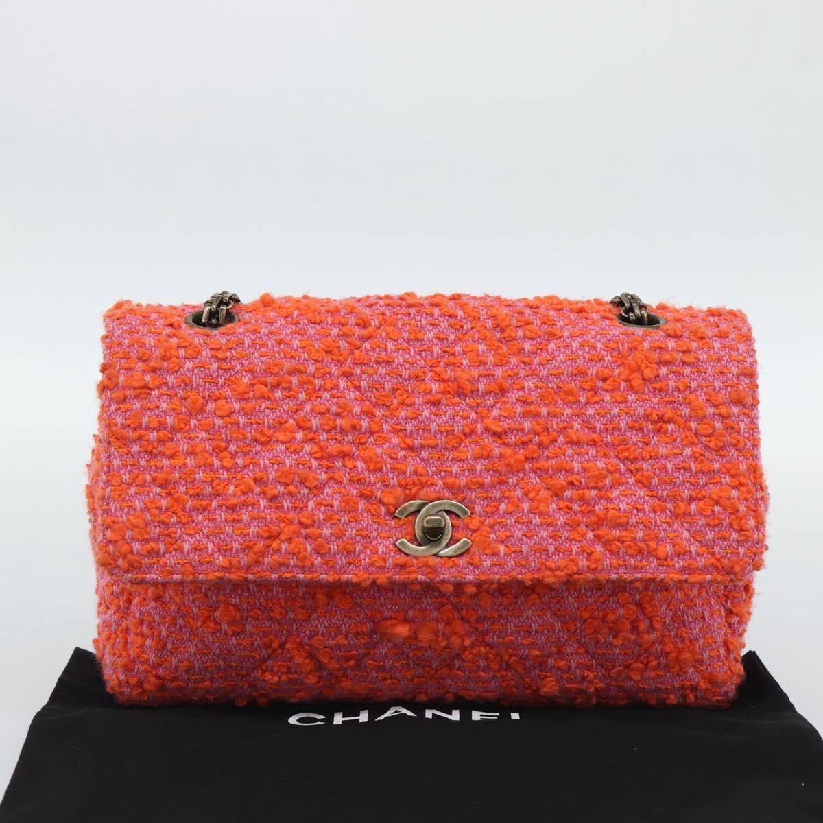 CHANEL Matelasse 25 Chain Shoulder Bag Tweed Orange Gold Tone CC Auth BA14597SAM