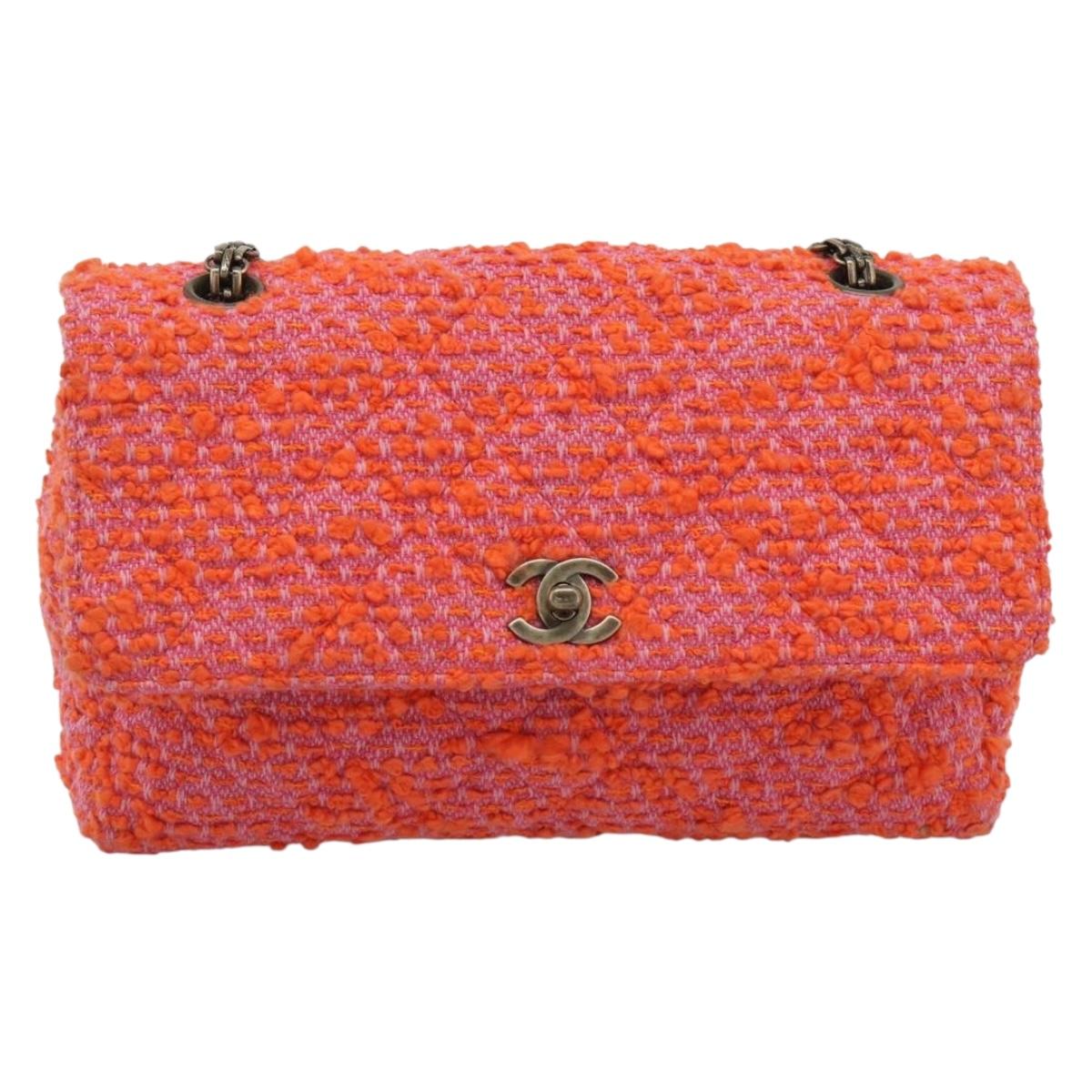 CHANEL Matelasse 25 Chain Shoulder Bag Tweed Orange Gold Tone CC Auth BA14597SAM