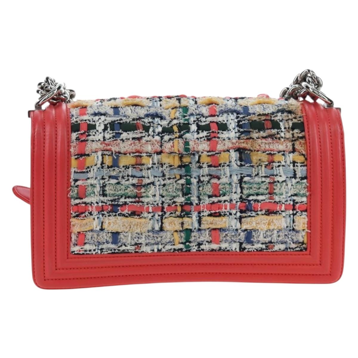 CHANEL Boy Chanel 25 Chain Shoulder Bag Tweed Pink Silver CC Auth BA14598SAM