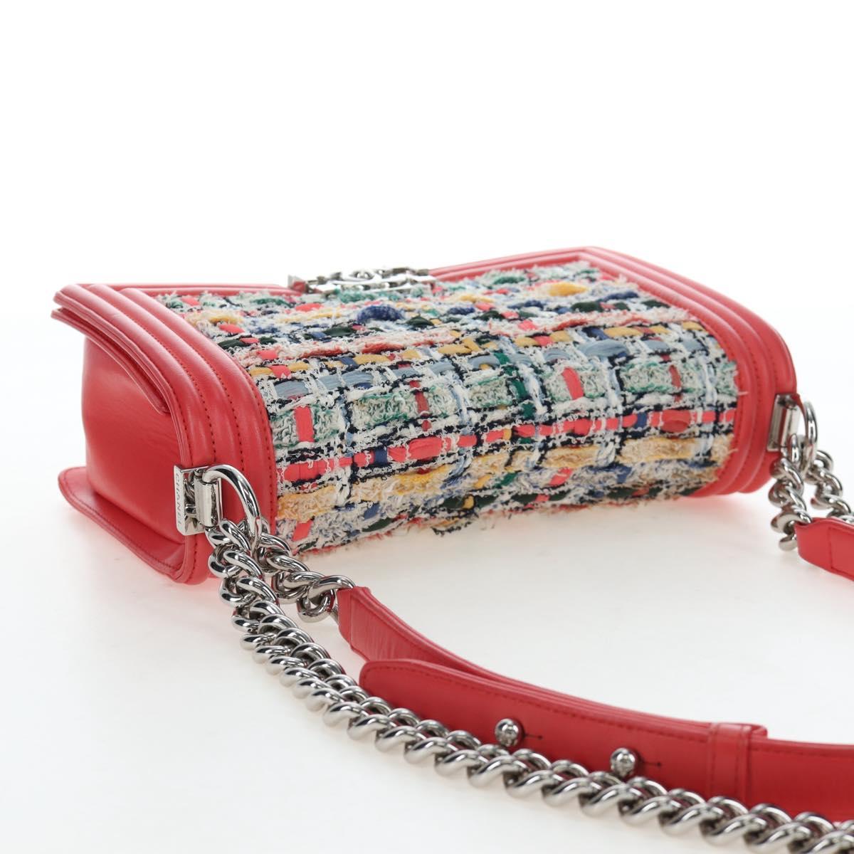 CHANEL Boy Chanel 25 Chain Shoulder Bag Tweed Pink Silver CC Auth BA14598SAM